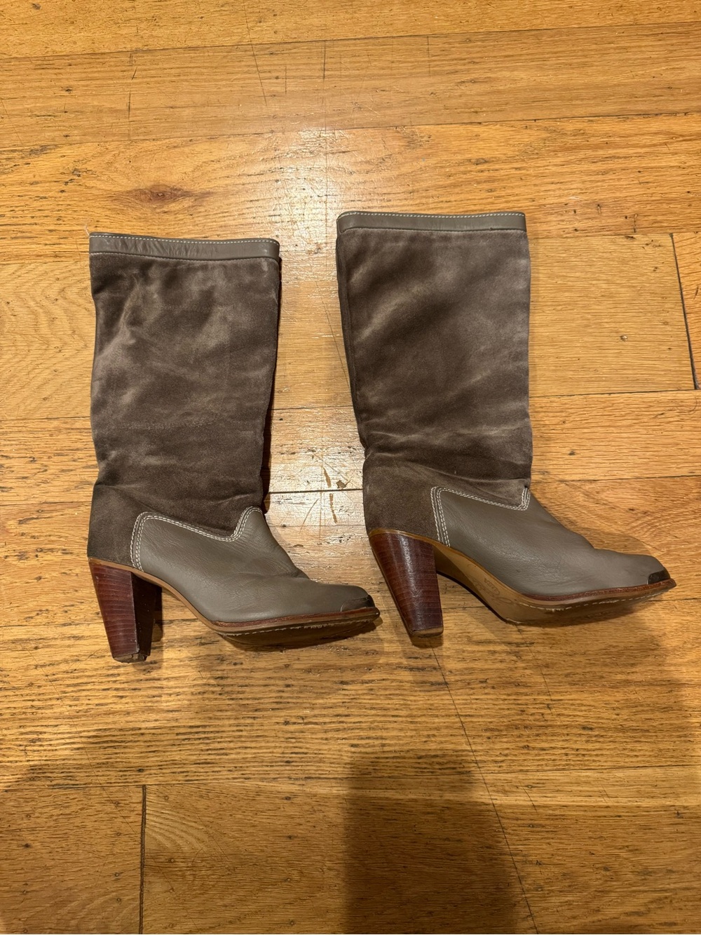 Rialto Gray Leather & Suede Mid-Calf Heeled Boots